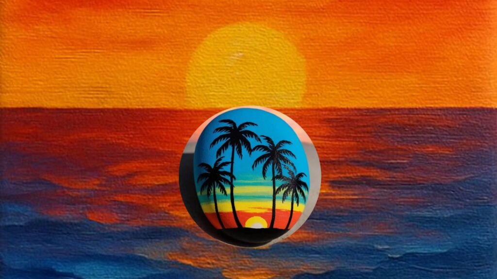 beach themed rock painting ideas palm tree ocean wave seashell flip flops